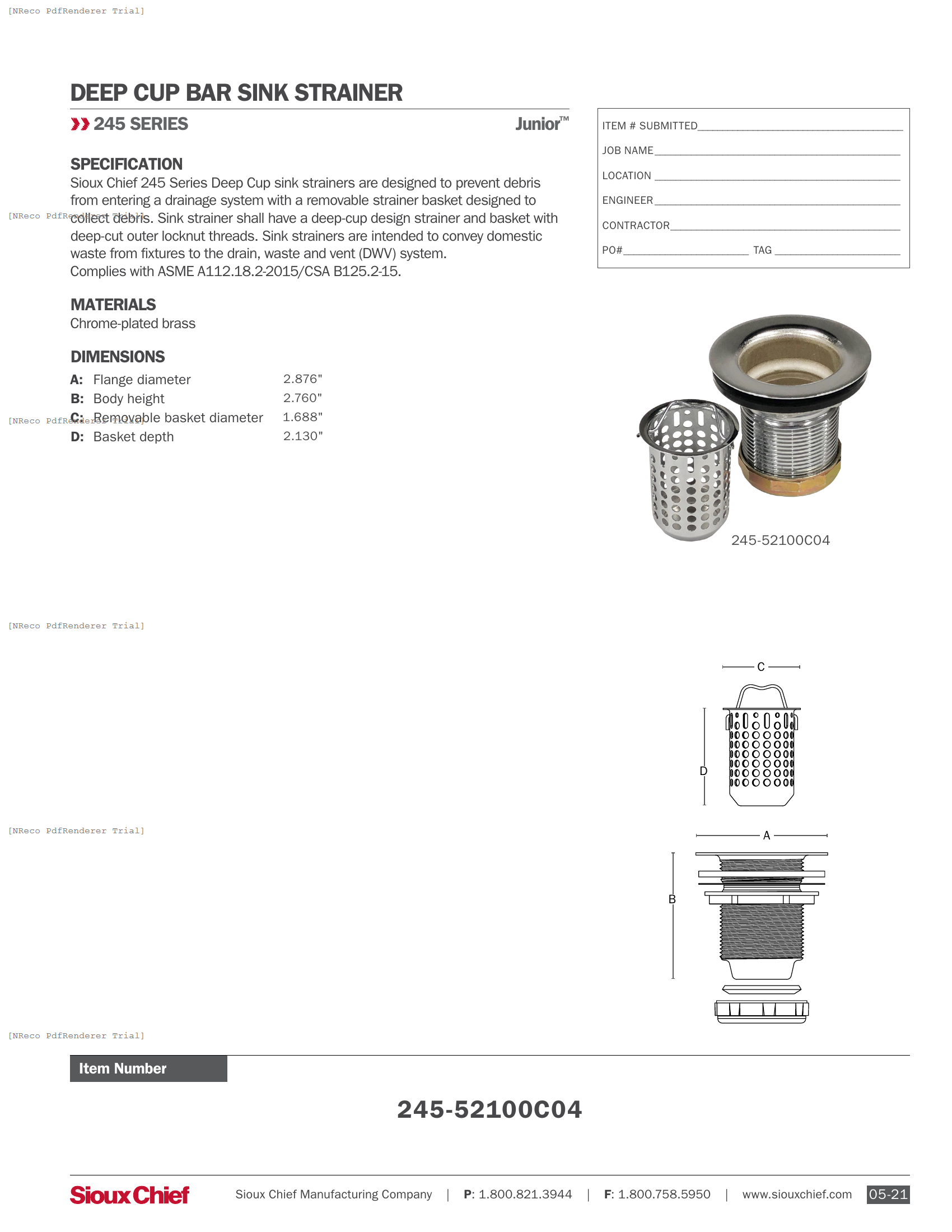 245-52100C04 - DEEP CUP JR SINK STRAINER - SPEC SHEET.PDF Specification Document